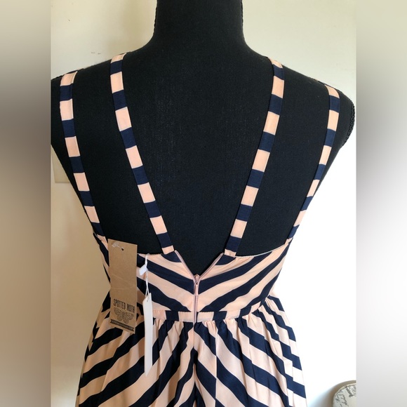 NWT;Sleeveless Dress; 4 Shoulder Straps;Midnight Blue & Rose Beige Line Patterns - Picture 5 of 12